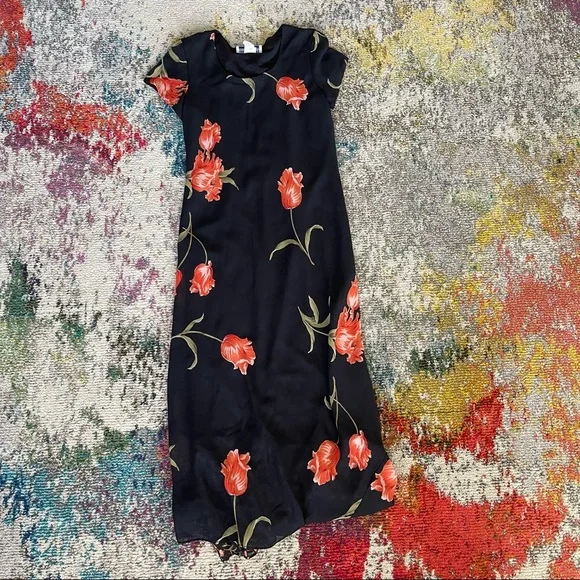 black dress with orange flowers Simple Dress in Print I/Flowers on Black